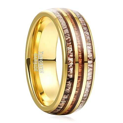 Vakki 8mm Wolfram Ring Herren Plattierter 14K Gold Ring ring koa holz mit deer antler für Ehering, Partnerringe, Geburtstag, Größe 54.4(17.3) von Vakki