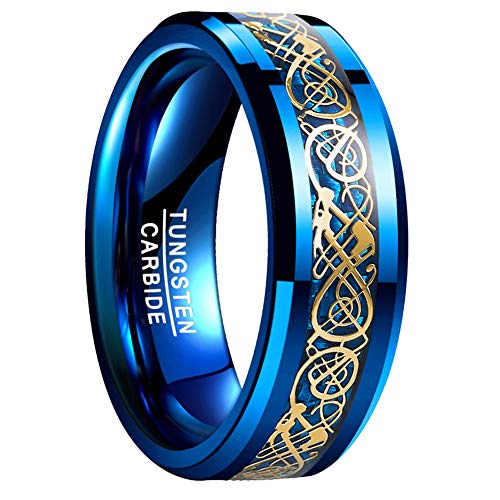 Vakki 8mm Wolframring Damen Blau Eheringe mit Gold Keltischer Drachen Verlobungsring Partnerringe Größe 63.4(20.2) von Vakki