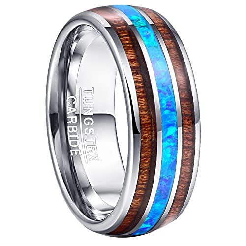 Vakki Damen Silber Opal Ring 8mm Wolframkarbid mit Koa Holz Modeschmuck für Heiraten Verlobungs Größe 71(22.6) von Vakki