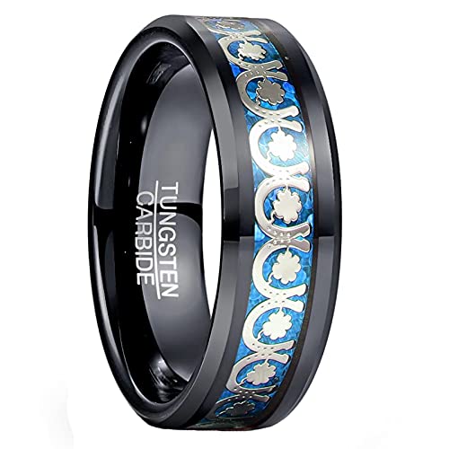 Vakki Herren/Damen Ring aus Wolframcarbid 8mm Schwarz und Blau Eheringe Verlobungsring mit Hufeisen und Klee Inlay Größe 54(17.2) von Vakki