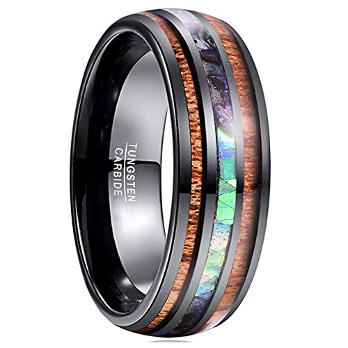 Vakki 8mm Holzring Wolfram Schwarz Abalone Muschel für Herren Bestes Geschenke für Weihnachten Valentinstag Größe 65 (20.7) von Vakki