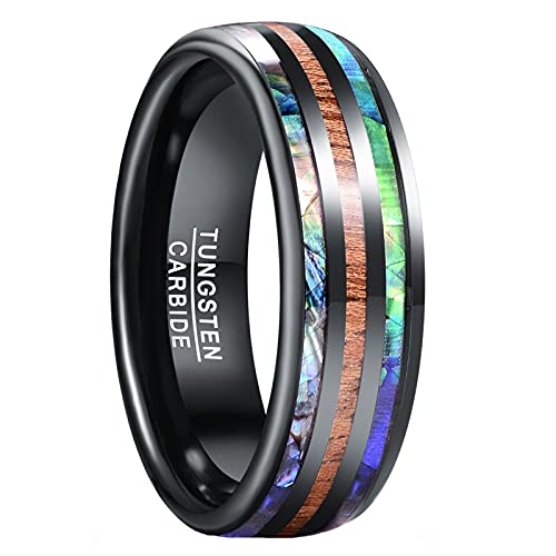 Vakki Herren Damen Partnerringe Holz mit Abalone Muschel 8mm Wolfram Ring Schwarz Verlobungsringe Ehering Größe 60(19.1) von Vakki