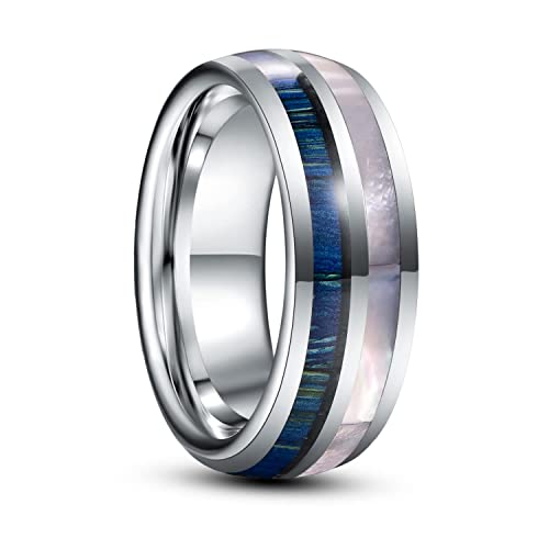 Vakki Herren Damen Wolframcarbid Ring Holz 8mm Silber Partnertring mit Weißer Perlmutt Bestes Geschenk für Familie Freunde Größe 67(21.3) von Vakki