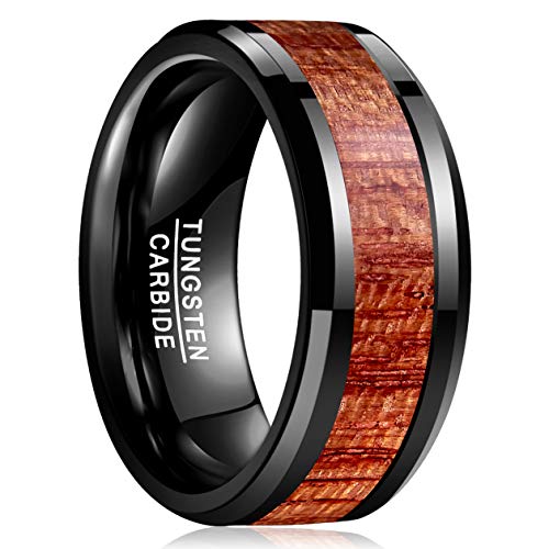 Vakki Herren Holz Ring 10mm Schwarz Wolframring für Hochzeit Versprechen Verlobung Comfort Fit Größe 54(17.2) von Vakki