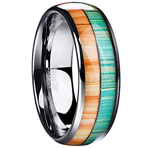 Vakki Herren Wolfram Ring 8mm Partnerringe Verlobungsringe Silber Eingelegtes Orange Grün Holzmaserung Kuppelring Geschenk für Jubiläums Weihnachten Größe 67(21.3) von Vakki