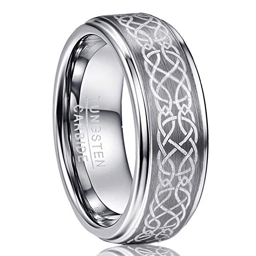 Vakki Keltischer Ring für Männer Frauen 8mm Silber Wolfram Ringe mit Keltischem Drachen Knoten Muster Komfort Fit Größe 68.5(21.8) von Vakki