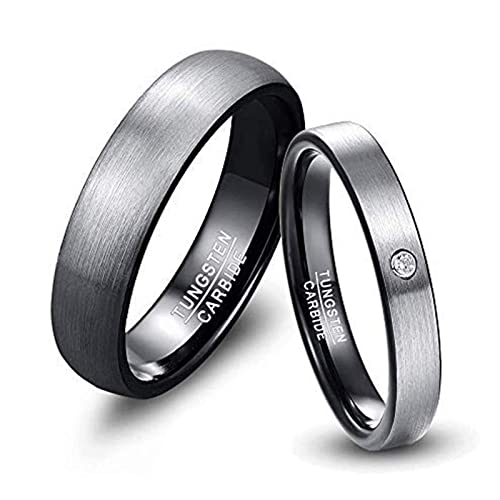 Vakki Partnerringe Herren/Damen Paar Ringe Eheringe 6mm Grau-Schwarz Wolfram Ring mit Diamanten Besetzt Größe 70(22.3) von Vakki