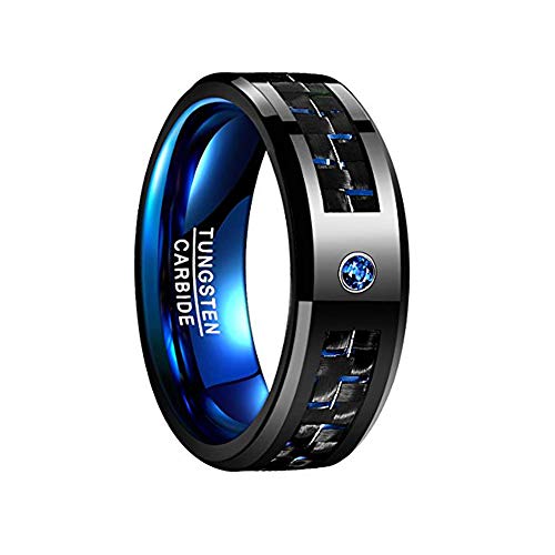 Vakki Ring Herren Damen 8mm Wolframkarbid Ringe Schwarz und Blau Kohlefaser Versprich Verlobung Ehering mit Zirkon Bequeme Passform Größe 71 von Vakki