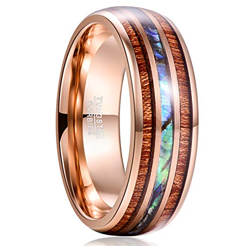 Vakki 8mm Roségold Wolframkarbid Ringe mit Abalone Muschel Koa Holz Partnerringe Paarring Beste Geburtstagsgeschenke Valentinstagsgeschenke Größe 68.5(21.8) von Vakki