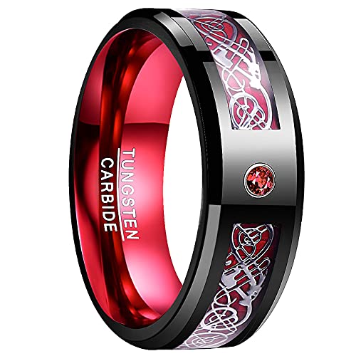 Vakki Herren Ringe aus Wolfram mit Keltischer Drachen Zirkon und Kohlefaser 8mm Ring Schwarz Rot Geeignet für Heiratsantrag Größe 77(24.5) von Vakki