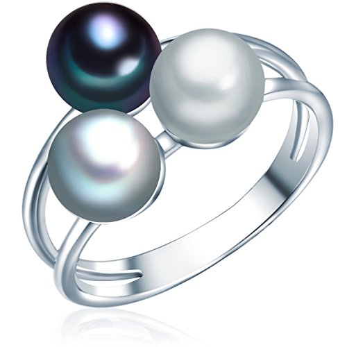 Valero Pearls Damen-Ring Hochwertige Süßwasser-Zuchtperlen in ca. 6 mm Button grau/silbergrau/pfauenblau 925 Sterling Silber - Perlenring von Valero Pearls