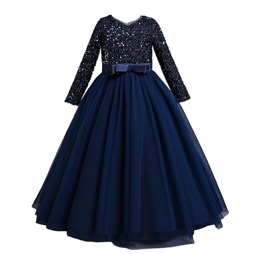 Valin Blumensmädchenkleid Prinzessin Kleid Dunkelblau Festliches Kinder Mädchen Kleid 3/4-Arm Pailletten Tüll Party Festliche Hochzeit Kleid 11-12 Jahre,V318 von Valin