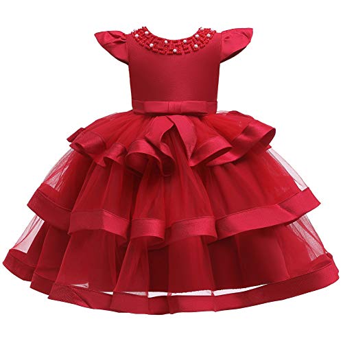 Valin Blumensmädchenkleid Stufenkleid Rot Festliches Kinder Mädchen Kleid Ohne Arm Volants Tüll Party Festliche Hochzeit Kleid 6-12 Monate,V5701 von Valin