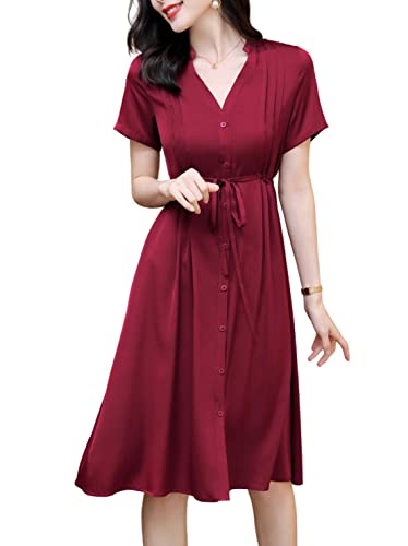 Valin Burgund Seide Damen Kleid Kurzarm Kordelzug Elegant Seidenkleid V-Ausschnitt Au genou Freizeitkleid Einfaches A-Linie Sommerkleid,48,V2393 von Valin