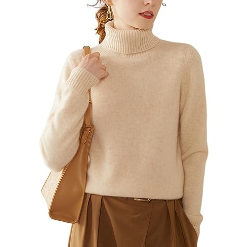 Valin Damen 95% Kaschmir Pullover Beige Rollkragen Langarm Strickpullover Kaschmir Wolle Einfarbige Relaxed Dicker Pullover,34,SH350 von Valin