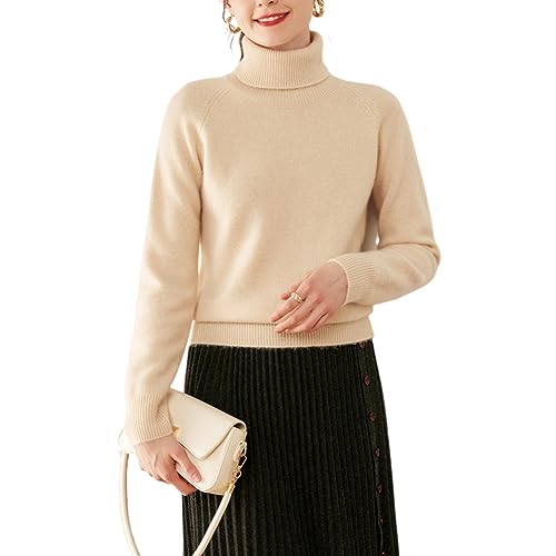 Valin Damen 95% Kaschmir Pullover Beige Rollkragen Langarm Strickpullover Kaschmir Wolle Einfarbige Relaxed Dicker Pullover,42,RMS3323 von Valin