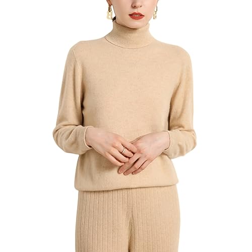 Valin Damen 95% Kaschmir Pullover Beige Rollkragen Langarm Strickpullover Kaschmir Wolle Einfarbige Relaxed Dünner Pullover,38,MZ2214 von Valin