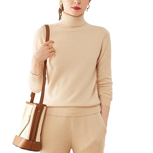 Valin Damen 95% Kaschmir Pullover Beige Rollkragen Langarm Strickpullover Kaschmir Wolle Einfarbige Relaxed Dünner Pullover,38,RMS3301 von Valin