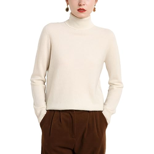 Valin Damen 95% Kaschmir Pullover Elfenbein Rollkragen Langarm Strickpullover Kaschmir Wolle Einfarbige Relaxed Dünner Pullover,40,MZ2214 von Valin