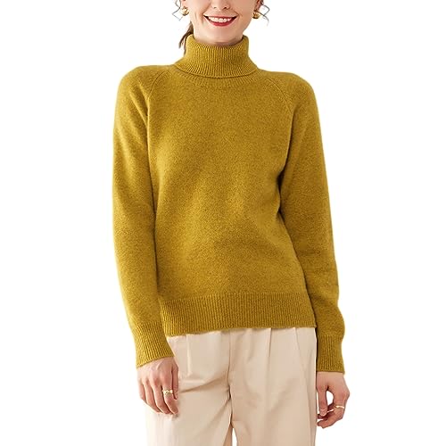 Valin Damen 95% Kaschmir Pullover Gelb Rollkragen Langarm Strickpullover Kaschmir Wolle Einfarbige Relaxed Dicker Pullover,40,RMS3323 von Valin