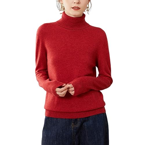 Valin Damen 95% Kaschmir Pullover Rot Rollkragen Langarm Strickpullover Kaschmir Wolle Einfarbige Relaxed Dünner Pullover,38,YZL503 von Valin