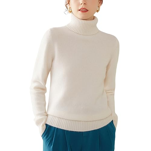 Valin Damen 95% Kaschmir Pullover Weiß Rollkragen Langarm Strickpullover Kaschmir Wolle Einfarbige Relaxed Dicker Pullover,34,SH350 von Valin