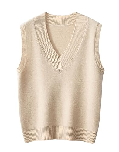 Valin Damen 95% Kaschmir Pullunder Beige V-Ausschnitt Ohne Arm Pullover Kaschmir Wolle Einfarbige Schlanker Dicker Pullunder,44,ZSBR8311 von Valin