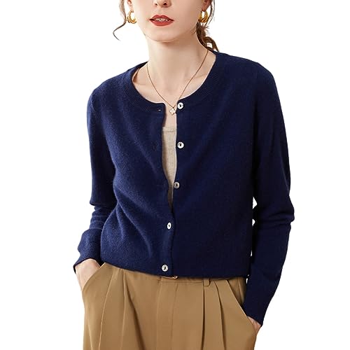 Valin Damen 95% Kaschmir Strickjacke Marineblau Rundhals Langarm Cardigan Kaschmir Wolle Einfarbige Relaxed Dünner Strickjacke,36,SPR1201 von Valin