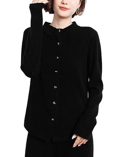 Valin Damen 95% Kaschmir Strickjacke Schwarz Revers Langarm Cardigan Kaschmir Wolle Knöpfen Relaxed Dünner Strickjacke,44,DF8014 von Valin