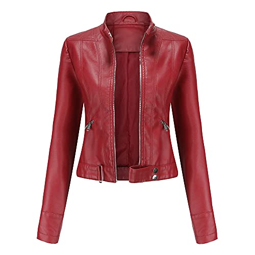 Valin Damen Burgund Lederjacke Schlank Kurz Kunstleder Stehkragen Jacket Reißverschluss Motorrad Jacke für Frühling und Herbst,XL,C02N von Valin