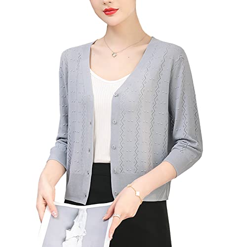 Valin Damen Grau 3/4-Arm Strickjacke Leichter Knöpfen Strickjacke Atmungsaktiv V-Ausschnitt Kurz Strickjacke Top Bluse,42,C6631 von Valin