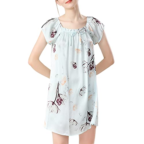 Valin Damen Hellblau Blumen 100% Seide Pyjama Kleid Nachtwäsche Nachthemd Nachthemd Kurzarm 19 Momme Seidenpyjama,XL,S5688 von Valin