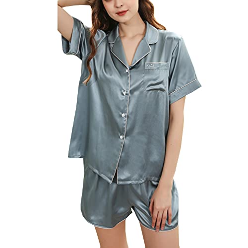 Valin Damen Hellblau Einfach 100% Seide Pyjama-Set Oberteil und Shorts Schlafanzüge Kurzarm 19 Momme Seidenpyjama,XXL,D2108C von Valin