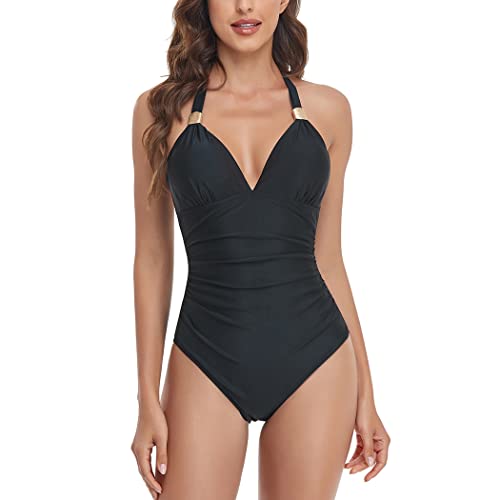 Valin Damen Neckholder Badeanzug Elastische Schwarz Einteiliger Badebekleidung für Frauen Bademode,M,S0005 von Valin