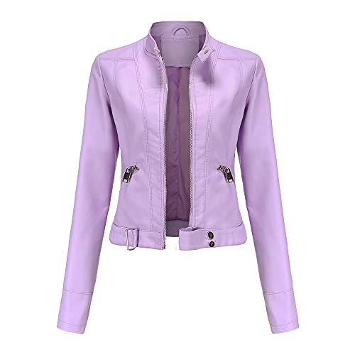 Valin Damen Rosa Lederjacke Schlank Kurz Kunstleder Stehkragen Jacket Reißverschluss Motorrad Jacke für Frühling und Herbst,XL,C02N von Valin