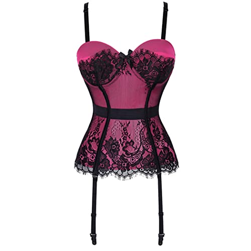 Valin Damen Rosa Spitze Korsage Korsett Shapewear Push-Up Vollbrust Korsett Mit Bügel Haken Corsage,42-44,C772 von Valin