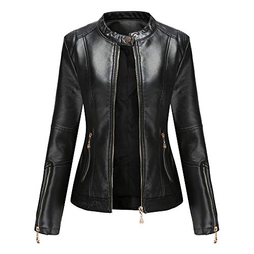 Valin Damen Schwarz Lederjacke Schlank Kurz Kunstleder Stehkragen Jacket Reißverschluss Motorrad Jacke für Frühling und Herbst,4XL,C258N von Valin