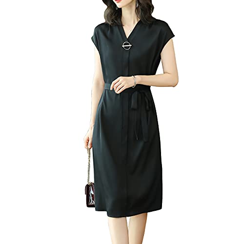 Valin Damen Seidenkleid Kordelzug A-Linie Kleid Einfarbig SeidenKleider V-Ausschnitt Kurzarm Knielänge Seiden Kleid,Schwarz,3XL,D2250 von Valin