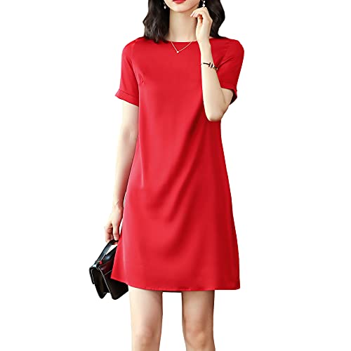 Valin Damen Seidenkleid Party A-Linie Kleid Einfarbig SeidenKleider Rundhals Kurzarm Mini Seiden Kleid,Rot,3XL,D2253 von Valin