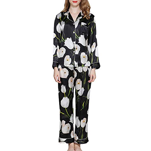 Valin Damen Seidenpyjama Seiden Schlafanzug Nachtanzug mit Blumendruck 100% Seide Nachtwäsche Langarm T8127,Schwarz,L von Valin