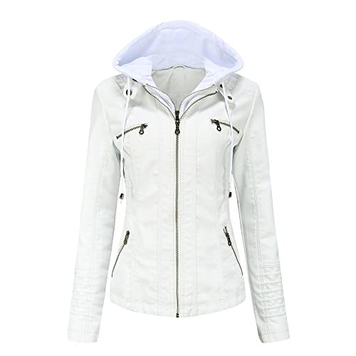 Valin Damen Weiß Lederjacke Schlank Kurz Kunstleder Kapuze Jacket Reißverschluss Motorrad Jacke für Frühling und Herbst,6XL,C6699N von Valin