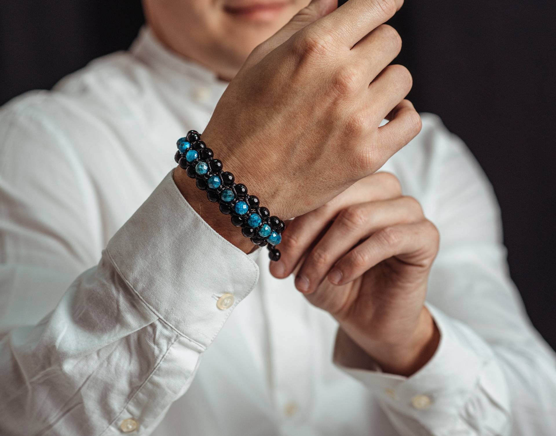 Apatit Armband Herren/3 Reihen Makramee Achat Blaues Kristall Geschenk Für Männer von Valinde