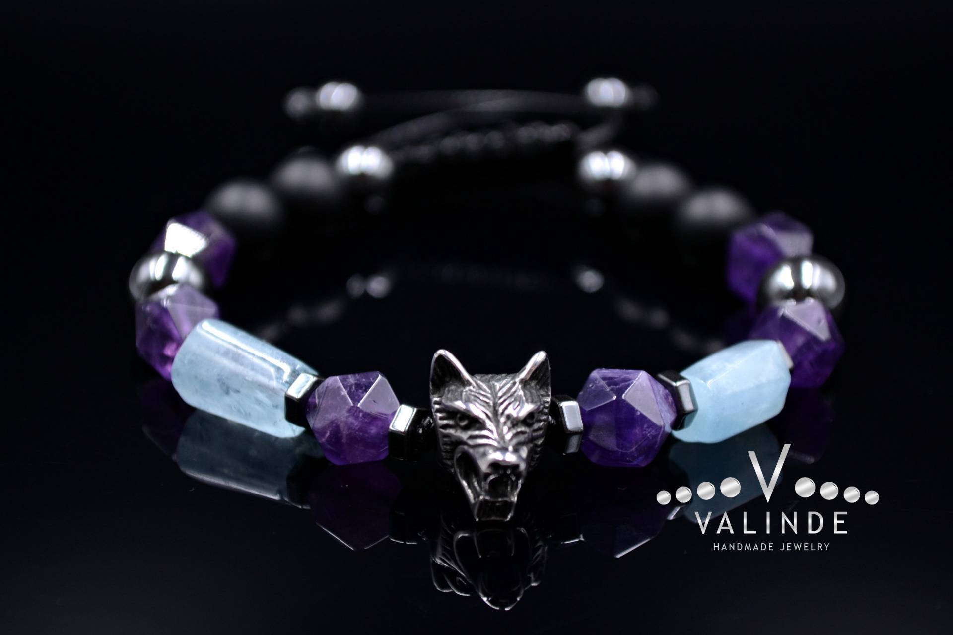 Herren Aquamarin Armband/Amethyst Edelstein Wolf Perlenarmband Stahlarmband Geschenk Für Männer Verstellbares von Valinde