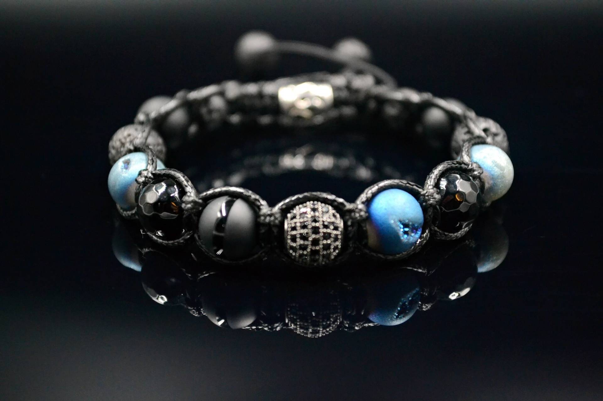 Herren Druzy Achat Armband Zirkonia Blau Makramee Geschenk Für Männer Schwarz Onyx Verstellbar von Valinde