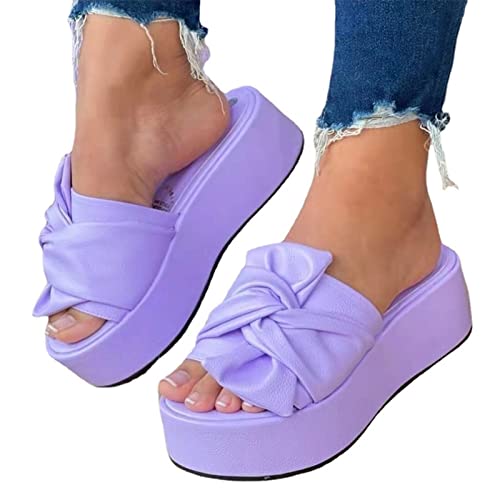 Valink Damen Sommer Keilabsatz Plateau Hausschuhe, lässige Schleife Knoten Slip On Sandalen Plateau Sandalen Flach für Damen Casual Strand Keilabsatz Sandalen Schuhe von Valink