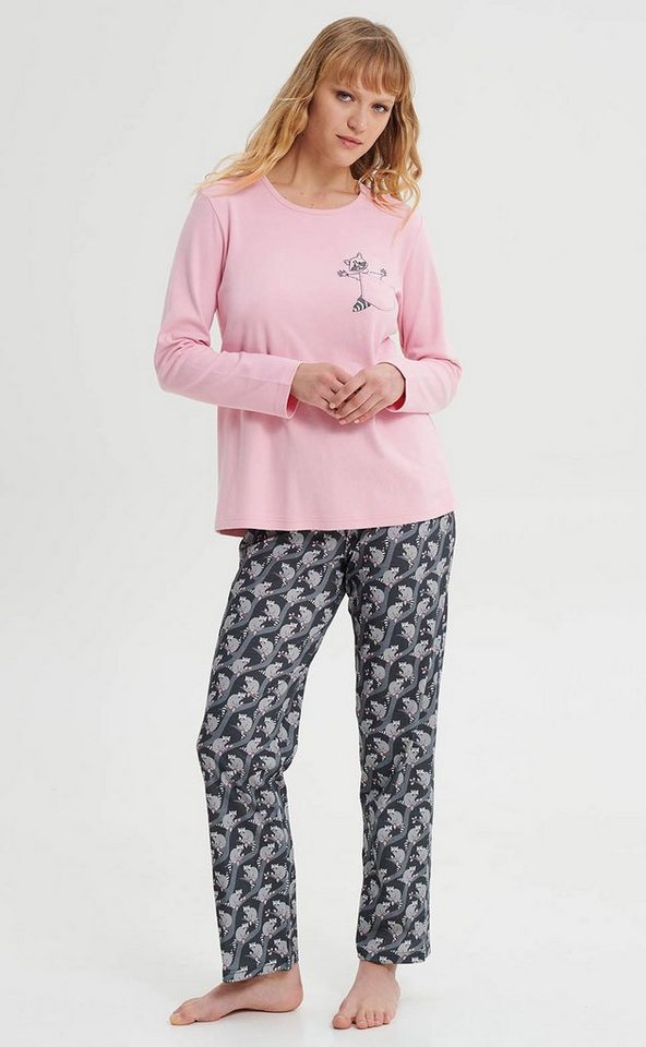 Vamp Schlafanzug VAMP lingerie (Set, 2 tlg., 2-teilig) Damen Schlafanzug lang 2-teilig Pyjama Baumwolle Waschbär-Aufdruck von Vamp