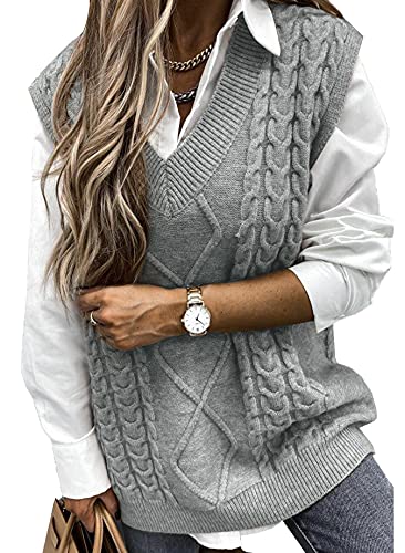 Pullunder Damen Ärmellos Pullover Vest Vintage Casual Strickweste V-Ausschnitt Weste Pullunder Winter Herbst Sweater Strickpullover,Grau L Pullunder Damen Ärmellos Pullover Vest Vintage Casual Strickweste V-Ausschnitt Weste Pullunder Winter Herbst Sweater Strickpullover,Grau L von Vancavoo