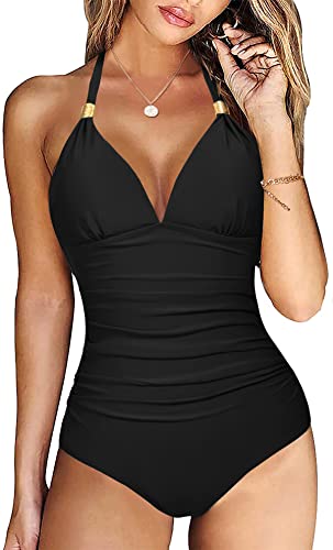 Vancavoo Badeanzug Damen Bauchweg Neckholder Bikini V Ausschnitt Push Up Bademode Raffung Bauchweg Vintage Einteilige Strandmode Swimsuit,Schwarz,L von Vancavoo