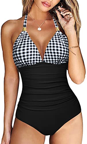 Vancavoo Badeanzug Damen Bauchweg Neckholder Bikini V Ausschnitt Push Up Bademode Raffung Bauchweg Vintage Einteilige Strandmode Swimsuit,Schwarz + Karo,S von Vancavoo