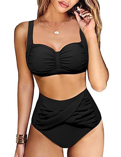 Vancavoo Bikini Damen Set High Waist Zweiteiliger Badeanzug Push Up Rüschen Einstellbar Bikinioberteil Bikini-Sets Bademode Curvy Swimsuit Beachwear,Schwarz,XL von Vancavoo